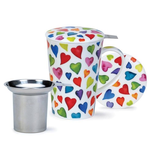 Shetland Warm Hearts - Fine Bone China Porzellan Tasse 440ml mit bunten Herzen, Teesieb und Deckel von Dunoon