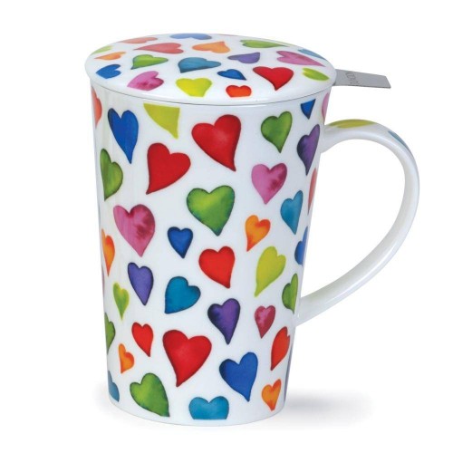 Shetland Warm Hearts - Fine Bone China Porzellan Tasse 440ml mit bunten Herzen, Teesieb und Deckel von Dunoon