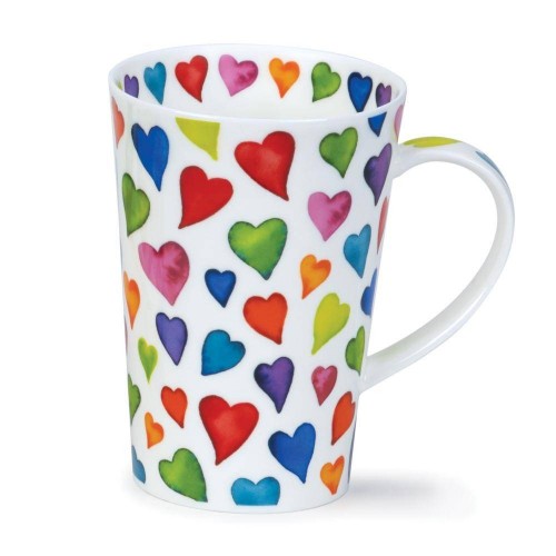 Shetland Warm Hearts - Fine Bone China Porzellan Tasse 440ml mit bunten Herzen, Teesieb und Deckel von Dunoon